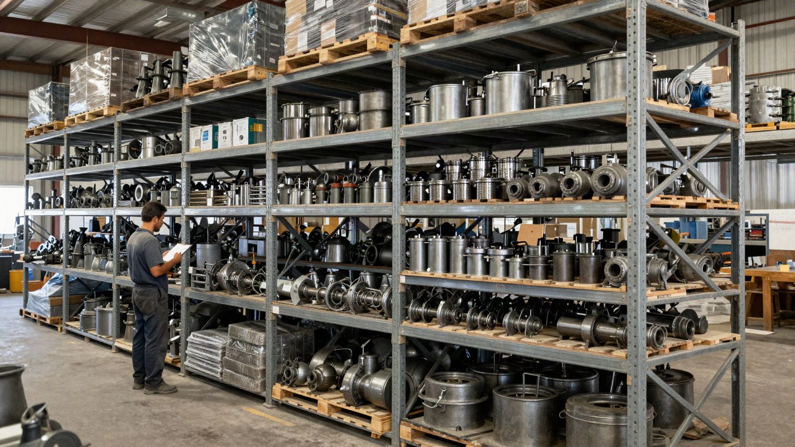 Bodega de repuestos con estanterías llenas