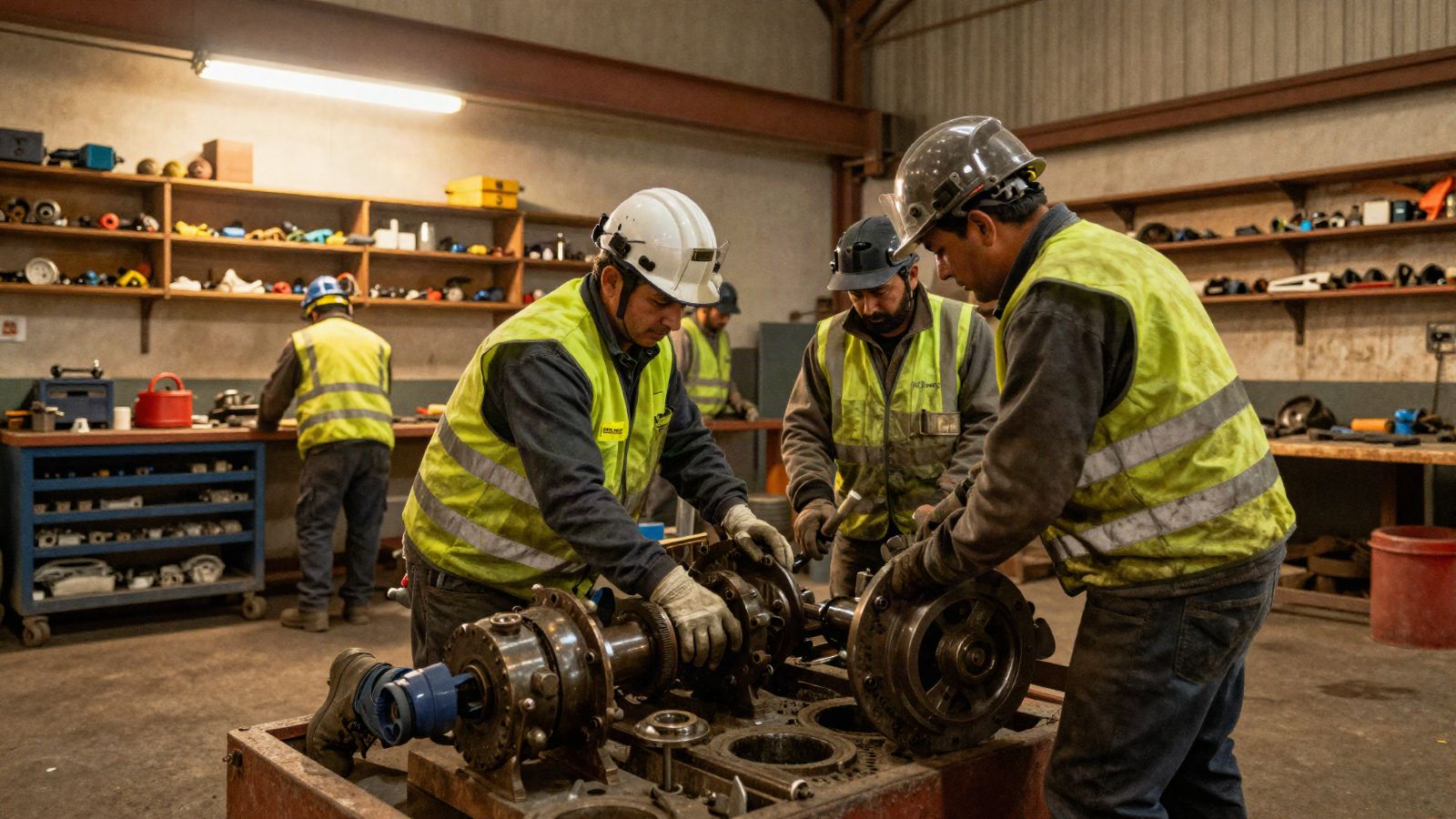 Taller de mantención con trabajadores reparando equipos