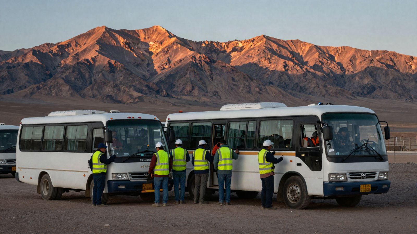 Cambio de turno junto a buses de personal al amanecer
